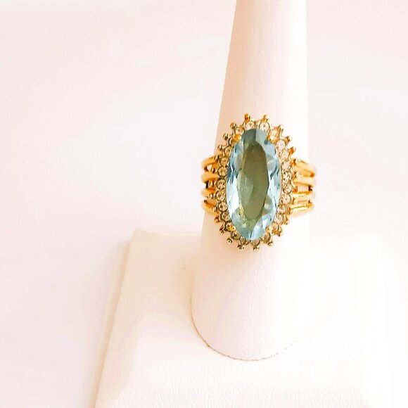 Gold Solitaire Oval Light Blue Ring 8.75 Clear Stone Baguettes Statement Jewelry - Picture 6 of 9